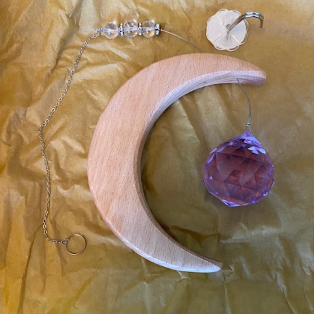 Crescent Moon Rainbow Maker Clear Quartz Crystal and purple glass prism